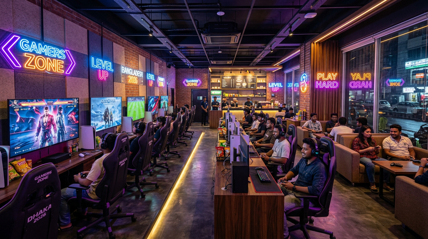 Games lounge area with console stations at Welqari
